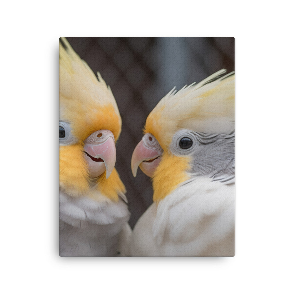 Cute and Curious Cockatiels Canvas - PosterfyAI.com