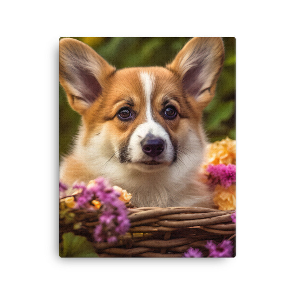 Welsh Corgi Puppy in a Basket Canvas - PosterfyAI.com