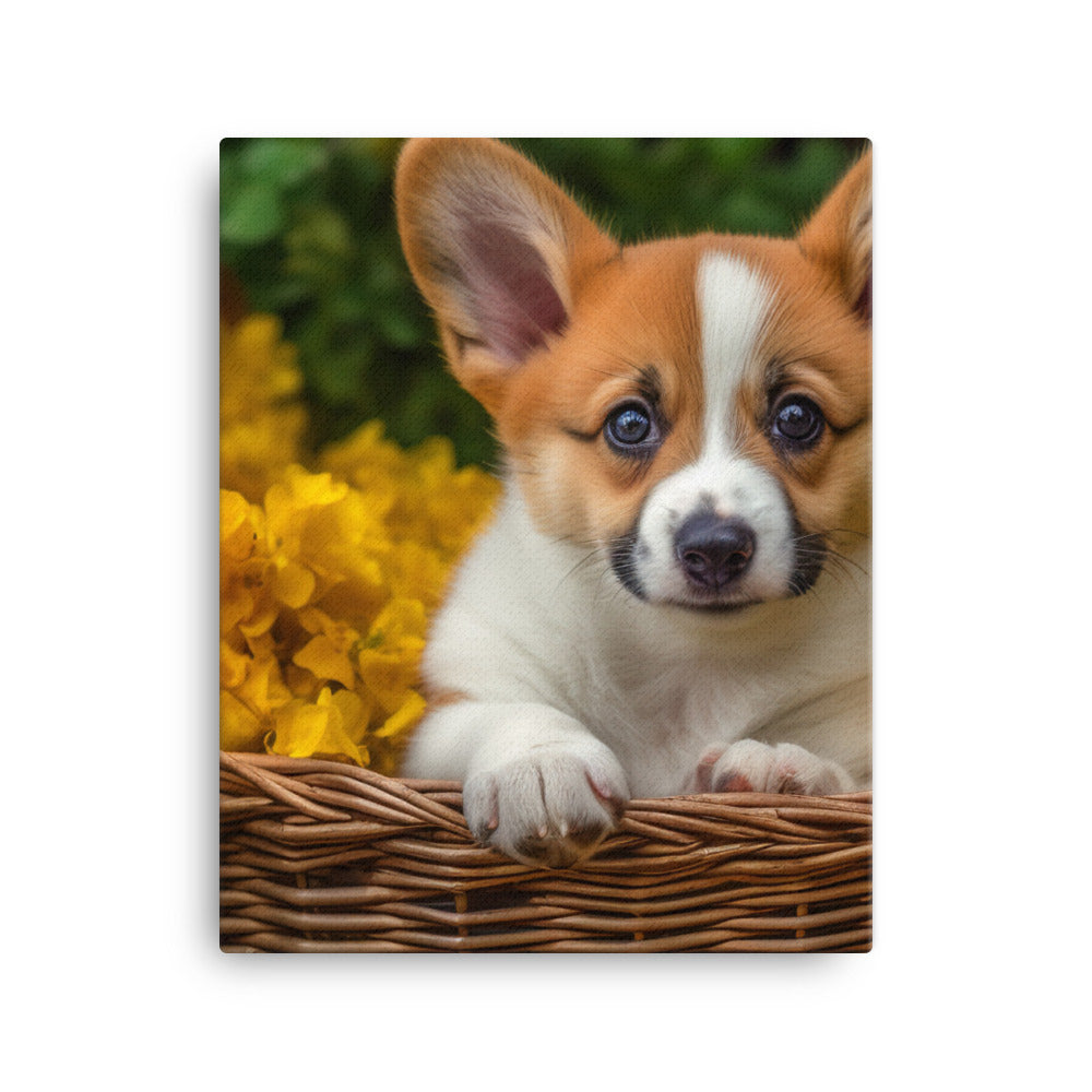 Welsh Corgi Puppy in a Basket Canvas - PosterfyAI.com