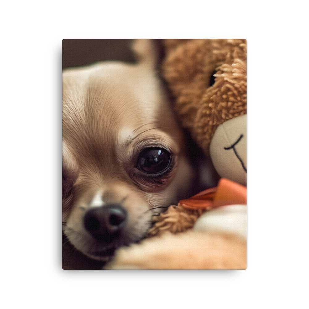 A Chihuahua snuggled up with a plush toy Canvas - PosterfyAI.com