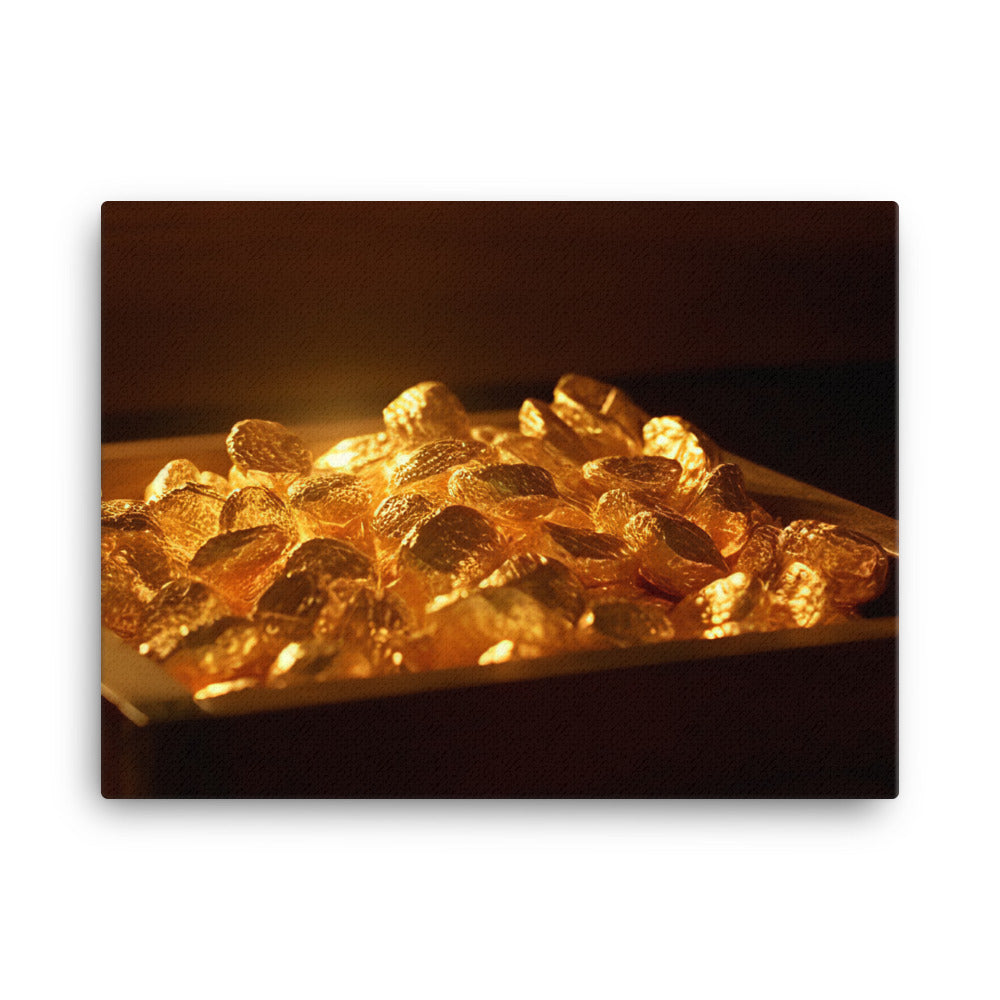 A pile of gold nuggets in a wooden tray canvas - Posterfy.AI