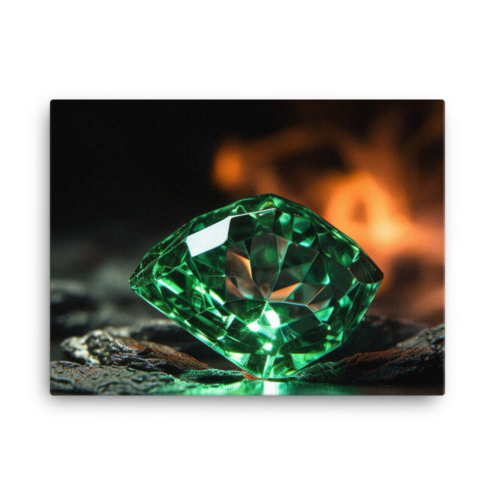 A green diamond with intense fire canvas - Posterfy.AI