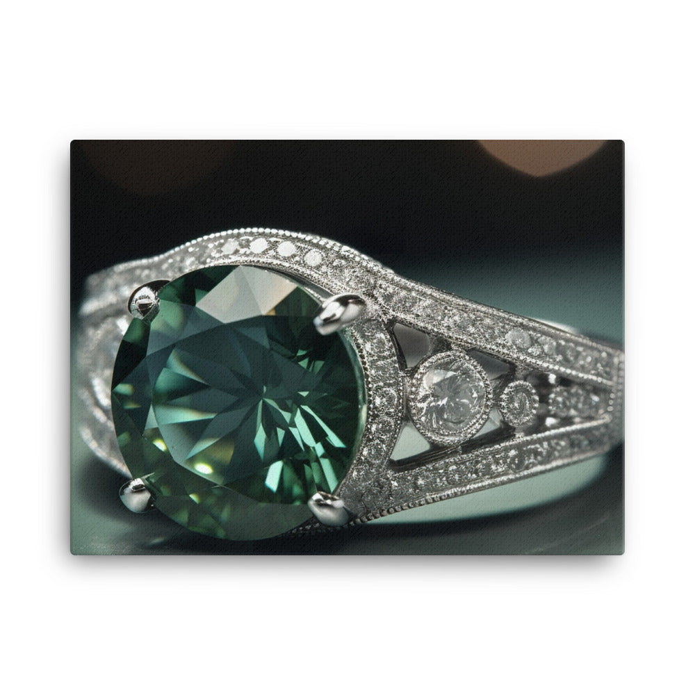 A green diamond mounted on a white gold band canvas - Posterfy.AI