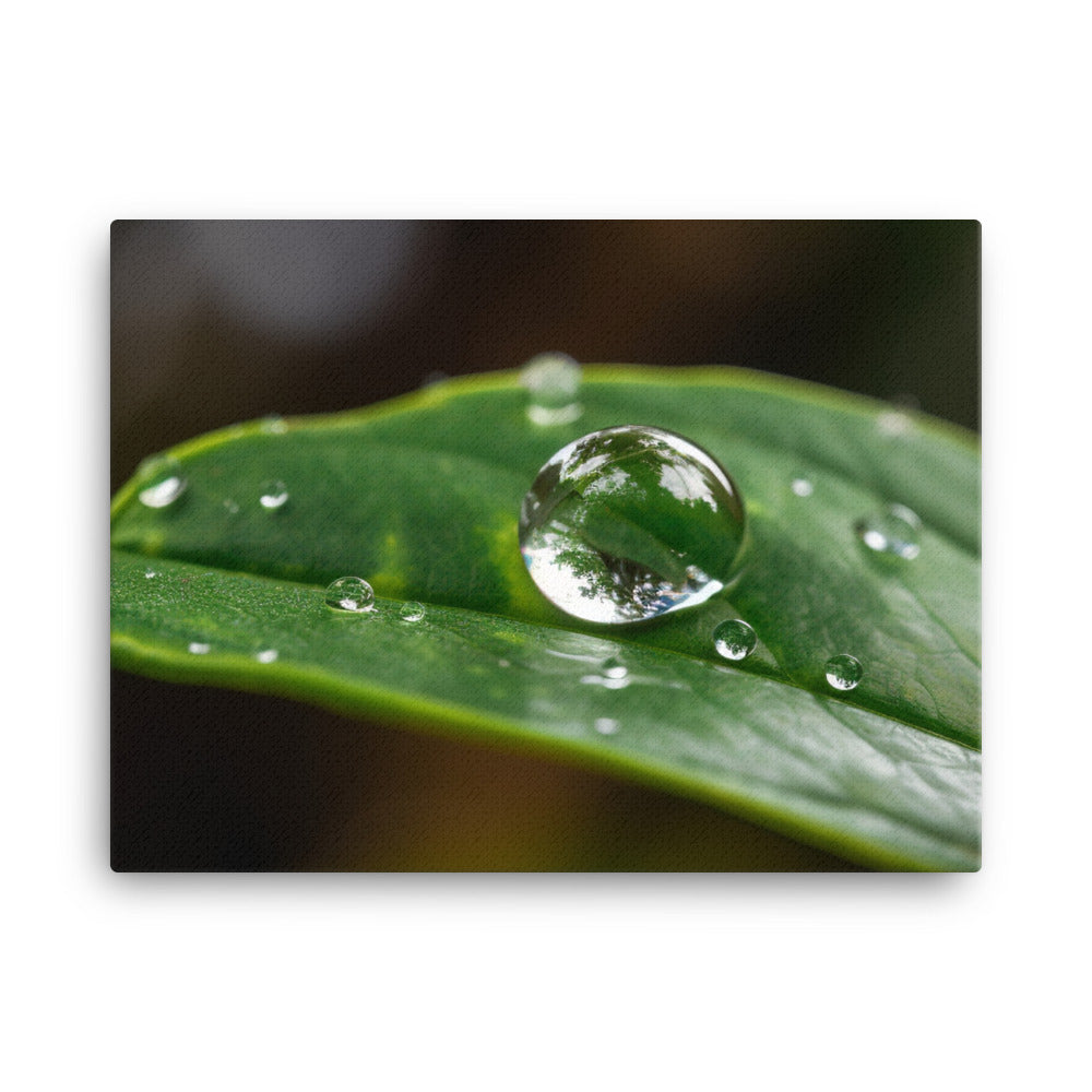 A close-up shot of a water droplet on a green leaf canvas - Posterfy.AI