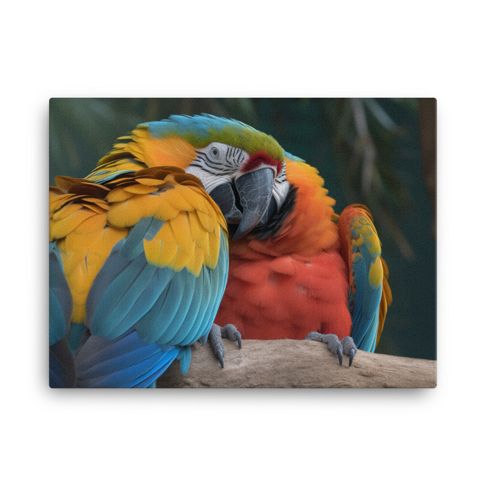 Two Macaws cuddling on a tree branch canvas - Posterfy.AI