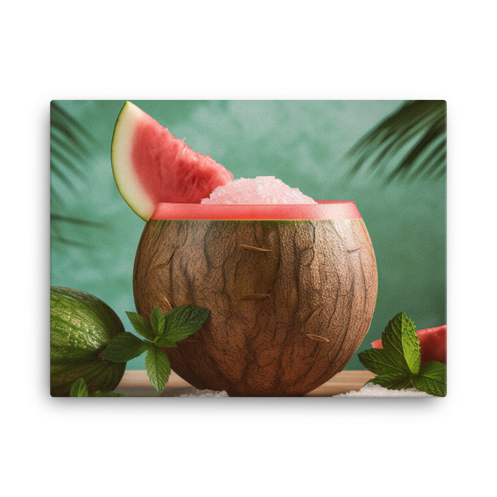 Watermelon mint smoothie in a coconut shell canvas - Posterfy.AI