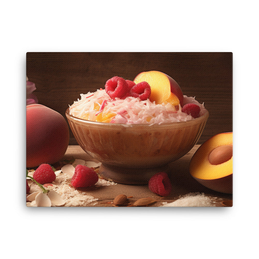 Peach raspberry smoothie in a coconut bowl canvas - Posterfy.AI