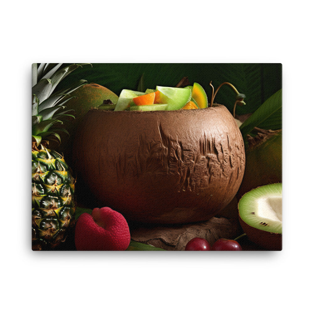 Tropical green smoothie in a coconut shell canvas - Posterfy.AI