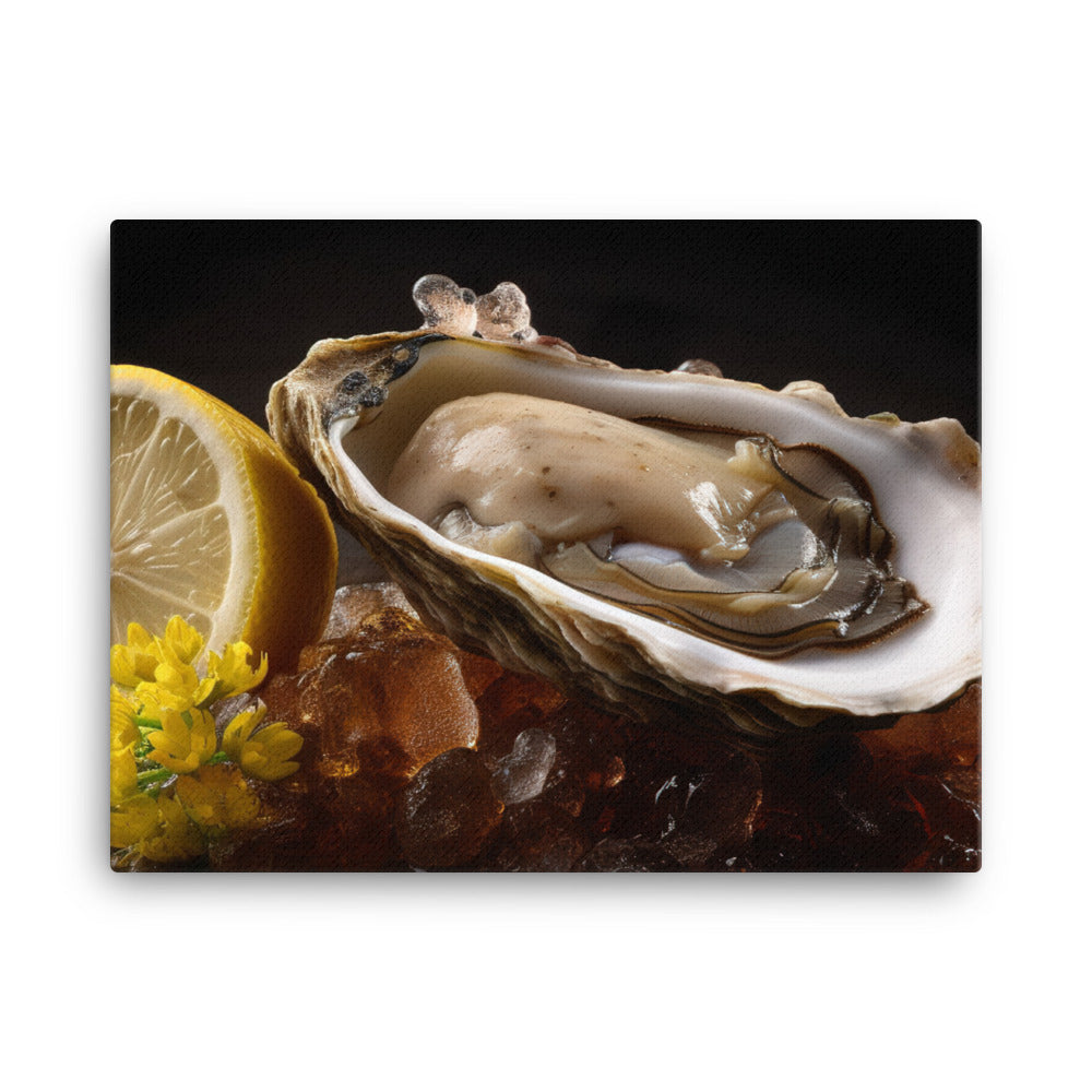 Succulent Belon oyster with lemon wedge canvas - Posterfy.AI