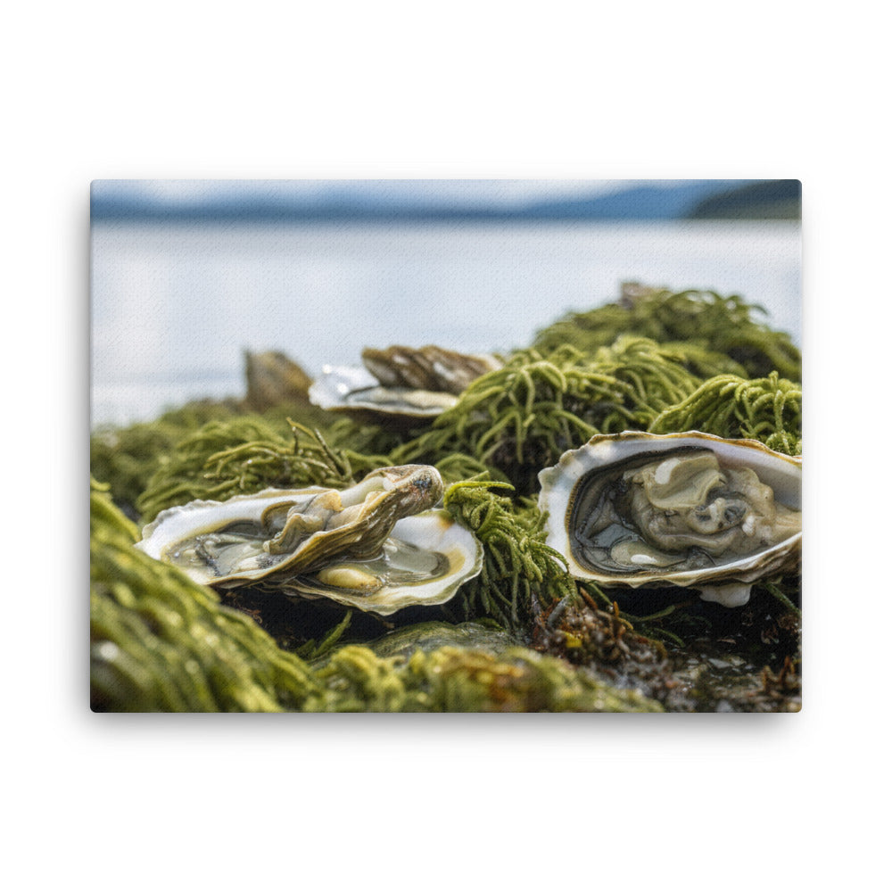 European Flat Oysters on a Bed of Seaweed canvas - Posterfy.AI