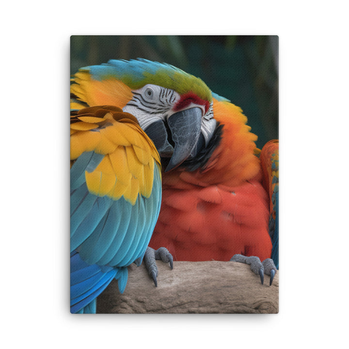 Two Macaws cuddling on a tree branch Canvas - PosterfyAI.com
