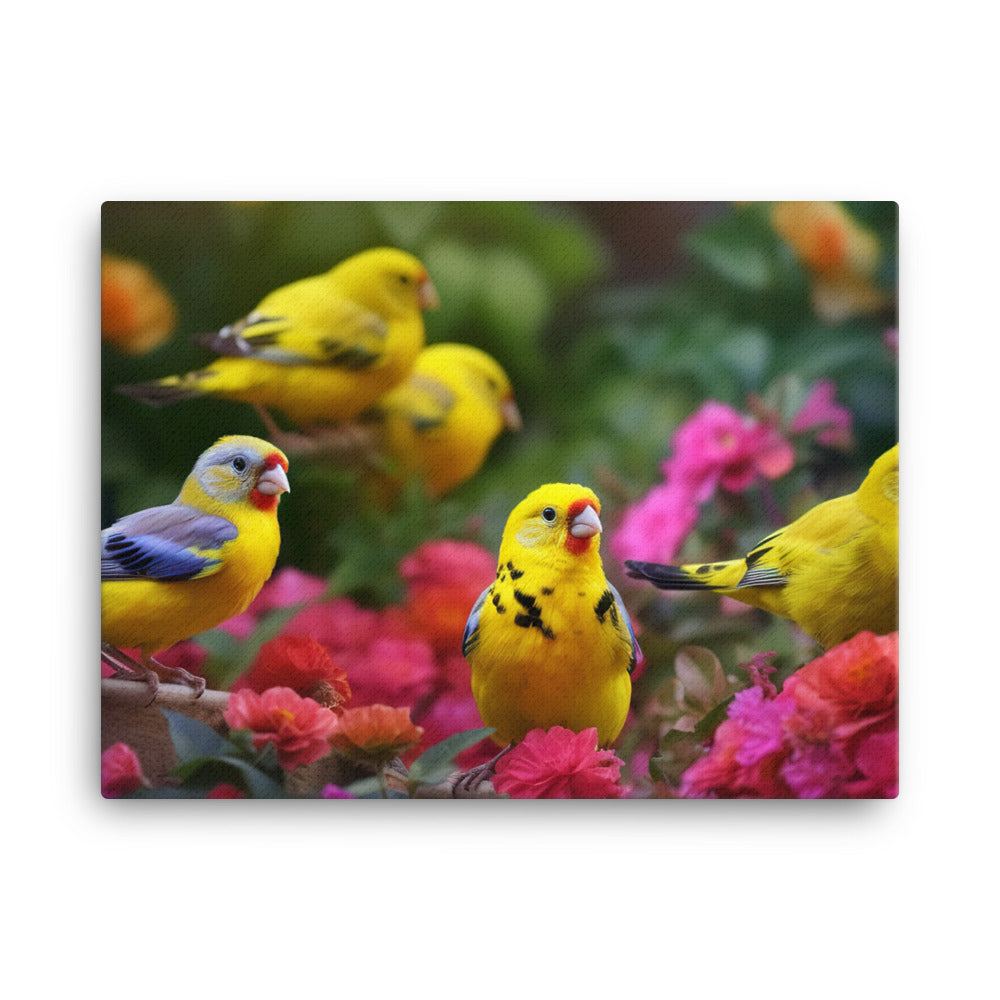 Colorful canaries in a blooming garden Canvas - PosterfyAI.com