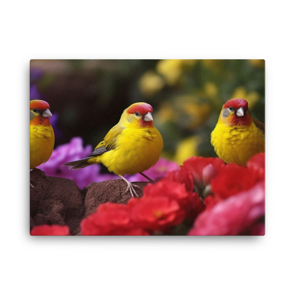 Colorful canaries in a blooming garden Canvas - PosterfyAI.com