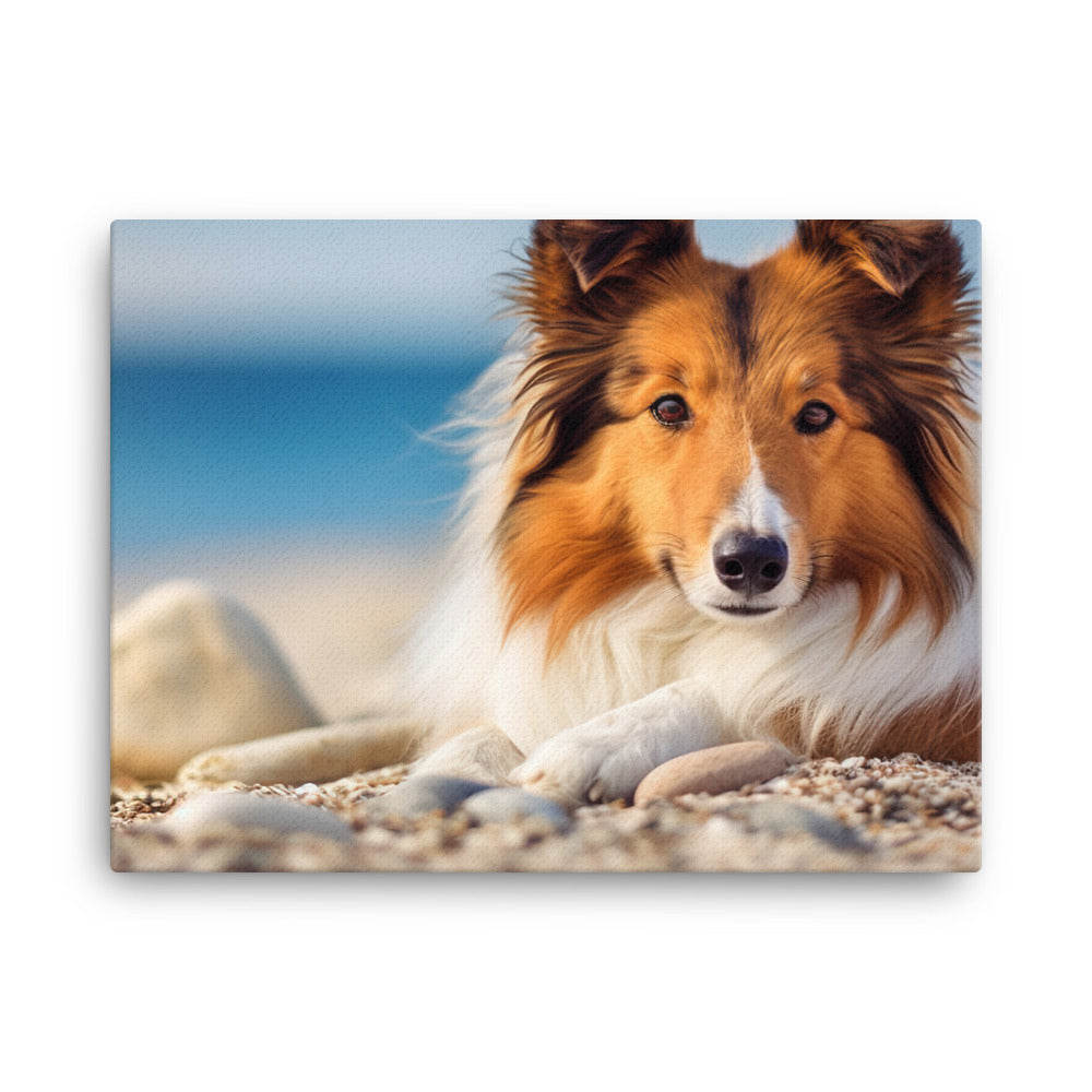 Shetland Sheepdog Relaxing on the Beach canvas - Posterfy.AI