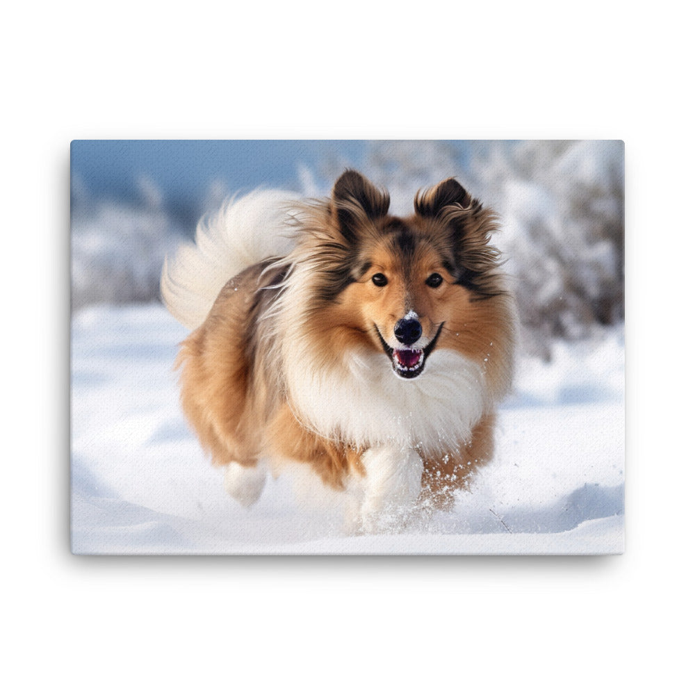 Shetland Sheepdog Playing in the Snow canvas - Posterfy.AI