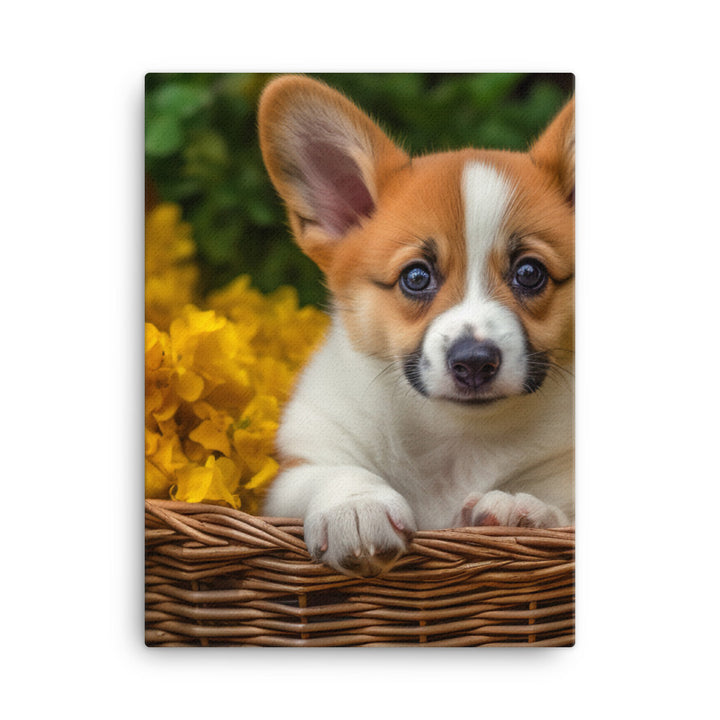 Welsh Corgi Puppy in a Basket Canvas - PosterfyAI.com