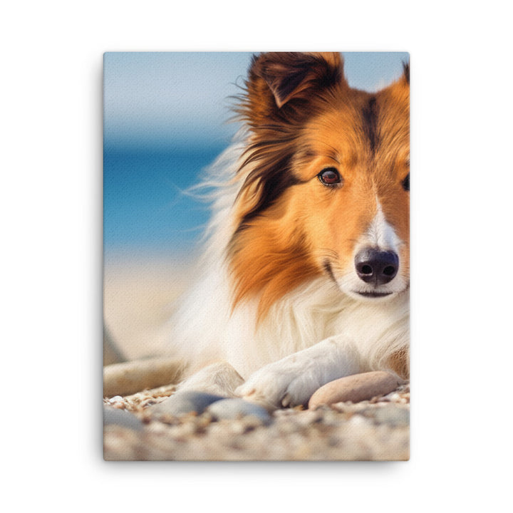 Shetland Sheepdog Relaxing on the Beach Canvas - PosterfyAI.com
