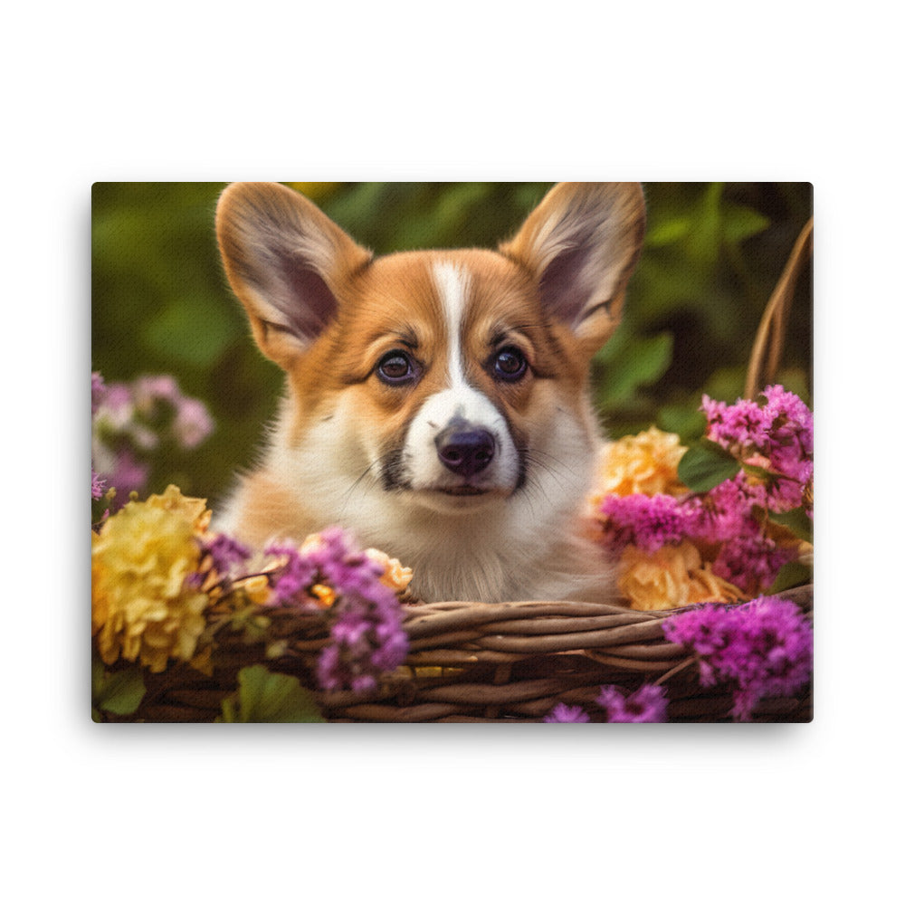 Welsh Corgi Puppy in a Basket canvas - Posterfy.AI