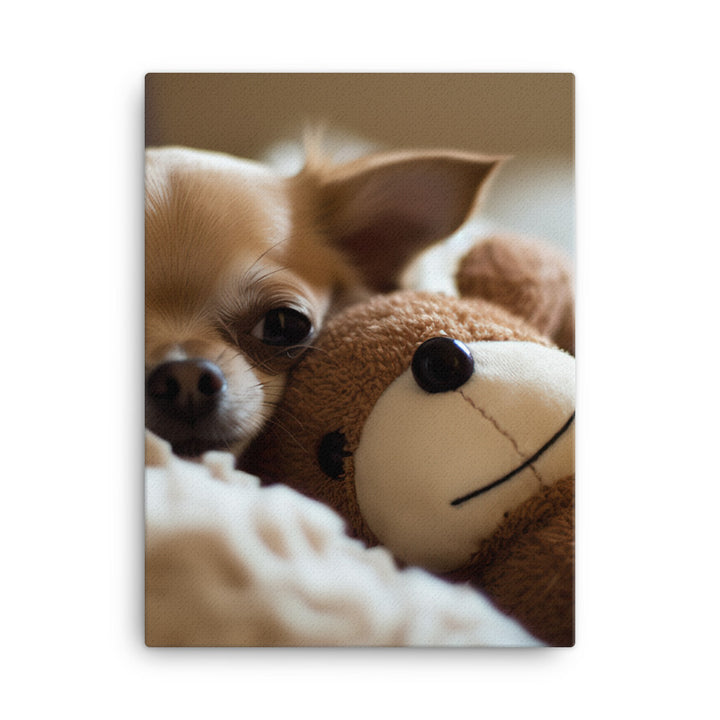 A Chihuahua snuggled up with a plush toy Canvas - PosterfyAI.com