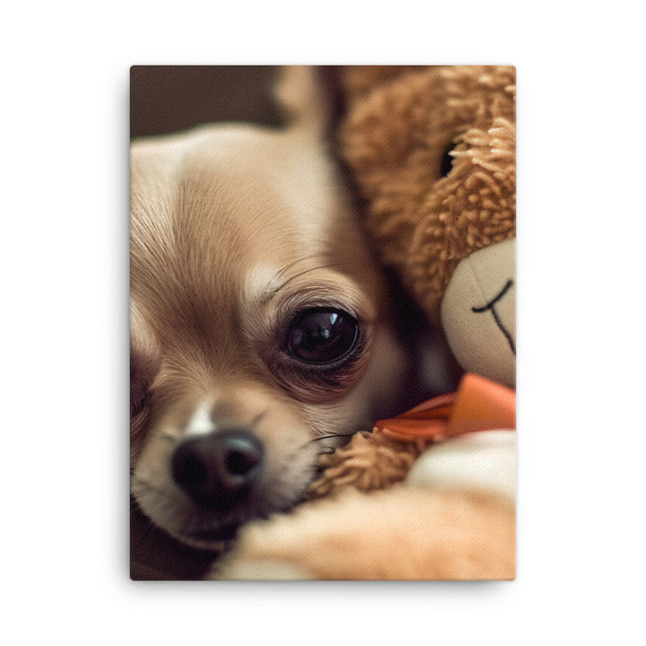 A Chihuahua snuggled up with a plush toy Canvas - PosterfyAI.com