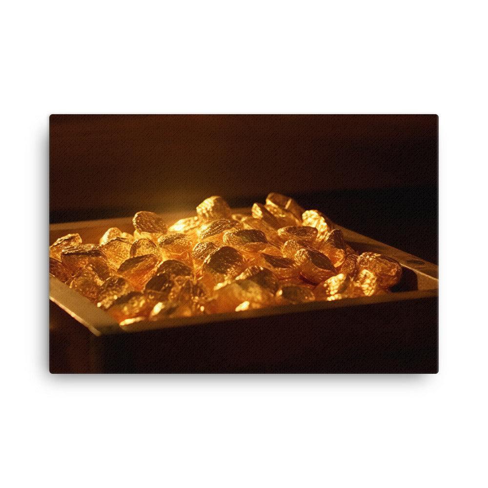 A pile of gold nuggets in a wooden tray canvas - Posterfy.AI