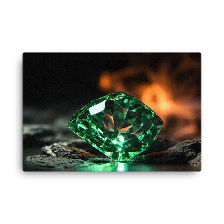 A green diamond with intense fire canvas - Posterfy.AI