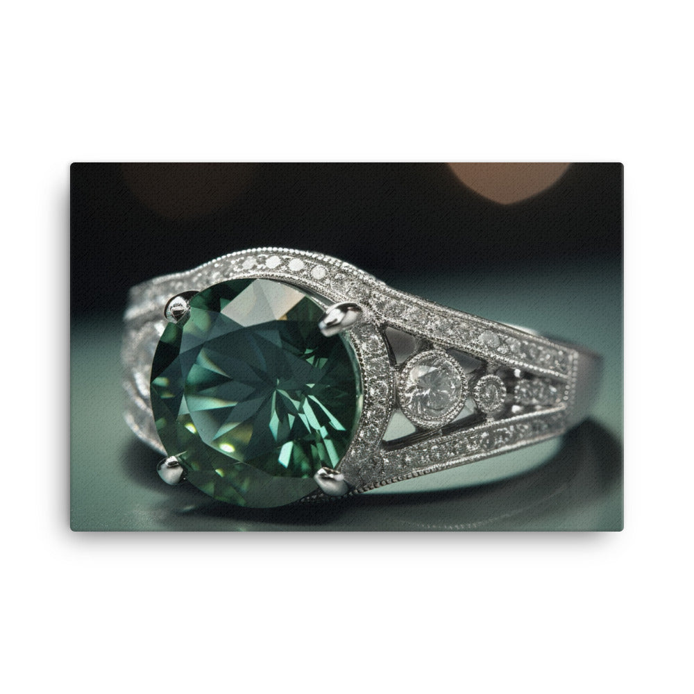 A green diamond mounted on a white gold band canvas - Posterfy.AI
