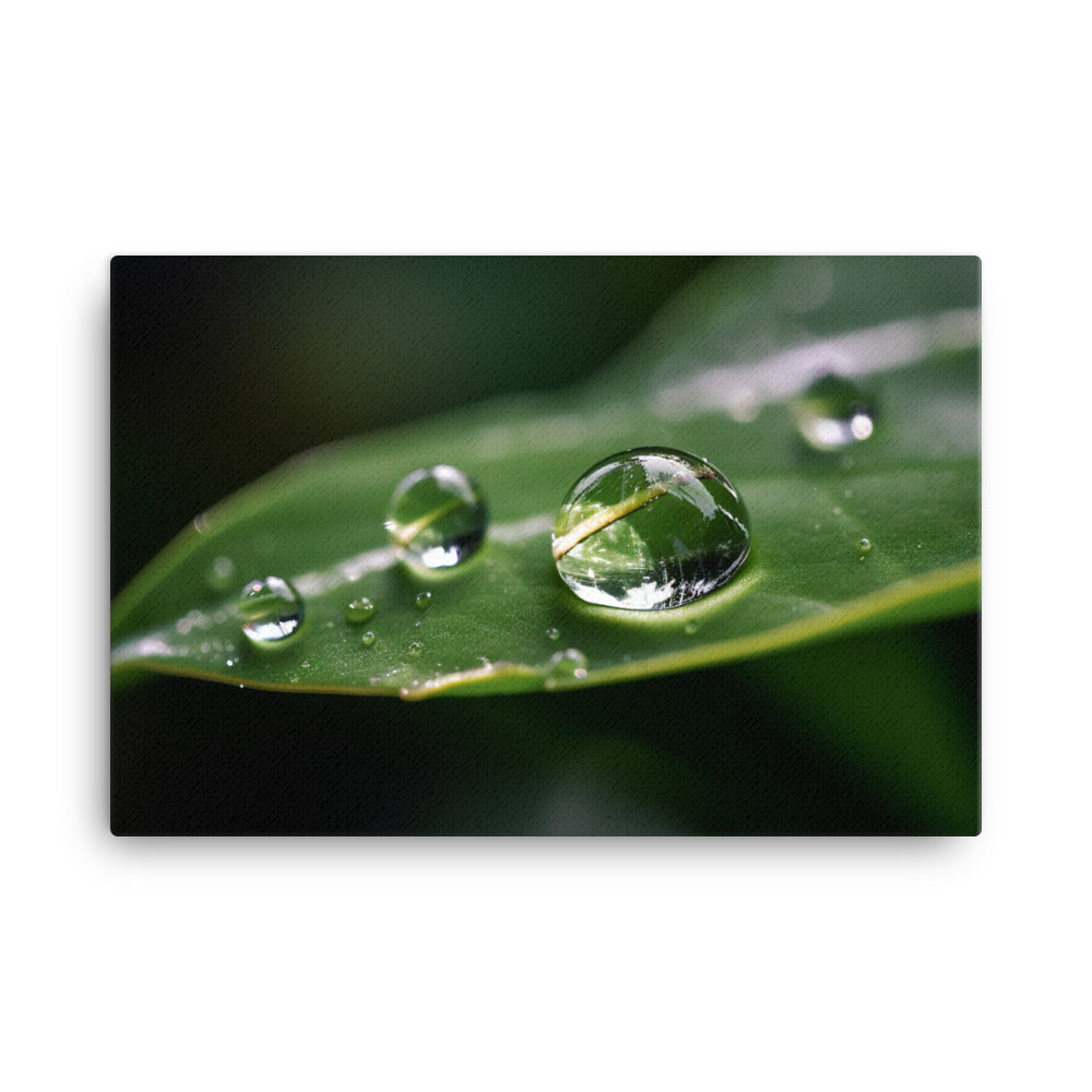 A close-up shot of a water droplet on a green leaf canvas - Posterfy.AI