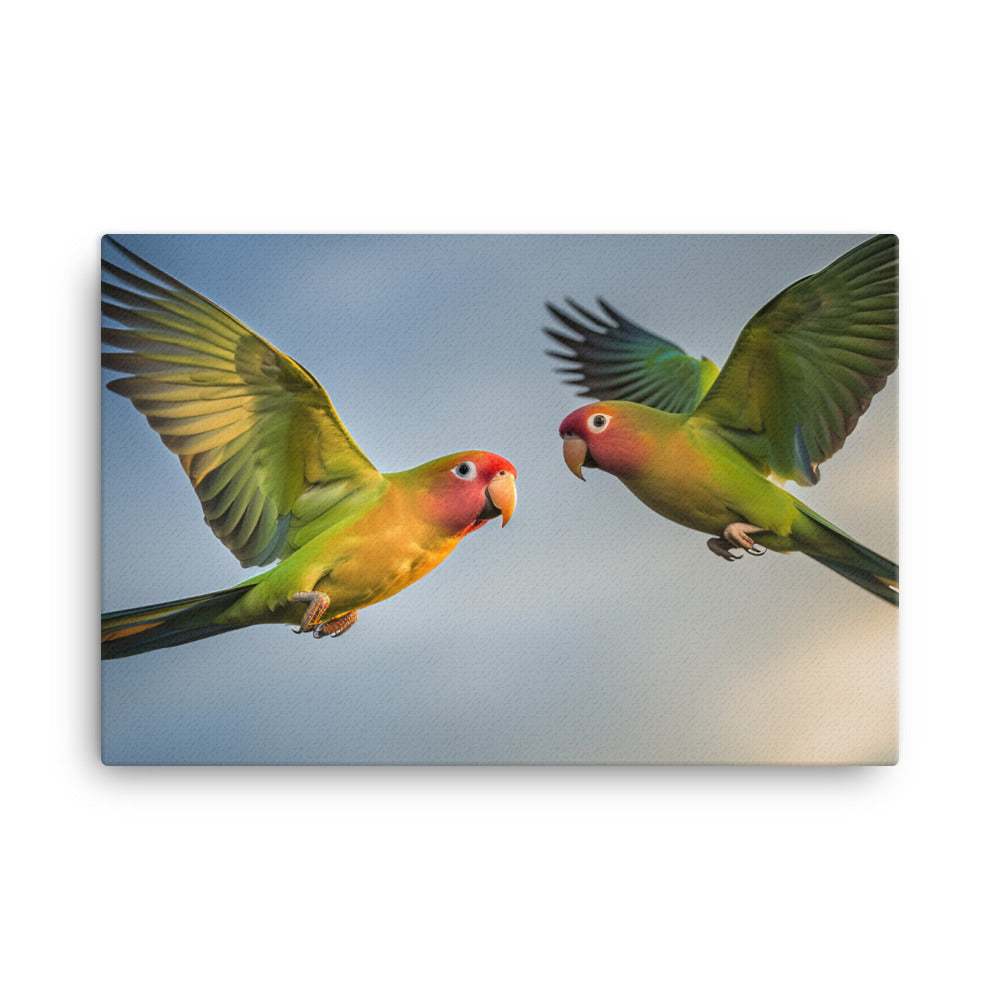 Lovebirds in Flight canvas - Posterfy.AI