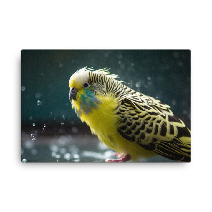 Budgie Taking a Bath canvas - Posterfy.AI