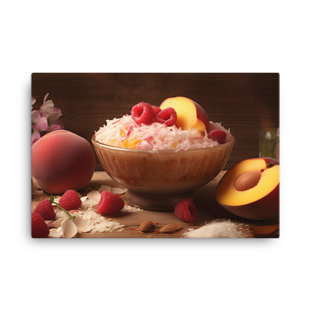 Peach raspberry smoothie in a coconut bowl canvas - Posterfy.AI