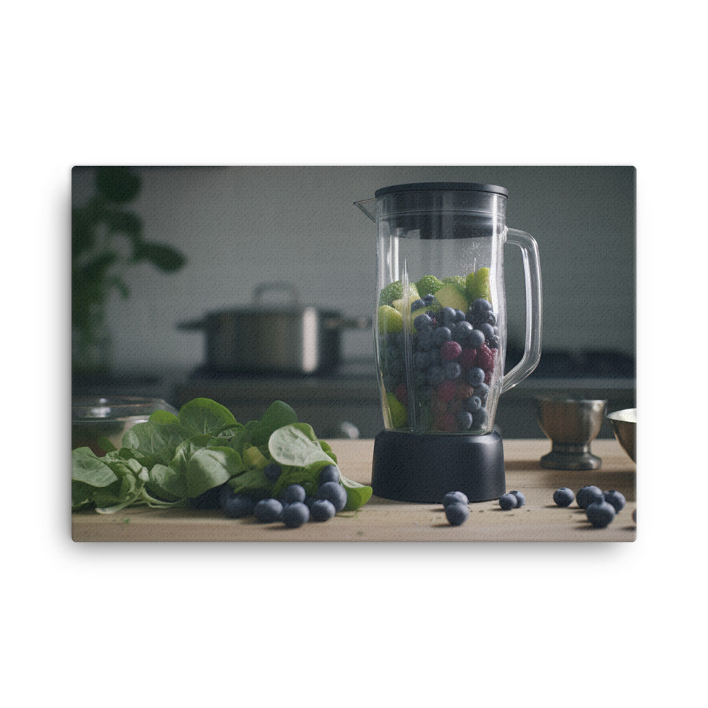 Blending blueberries and spinach for a smoothie canvas - Posterfy.AI