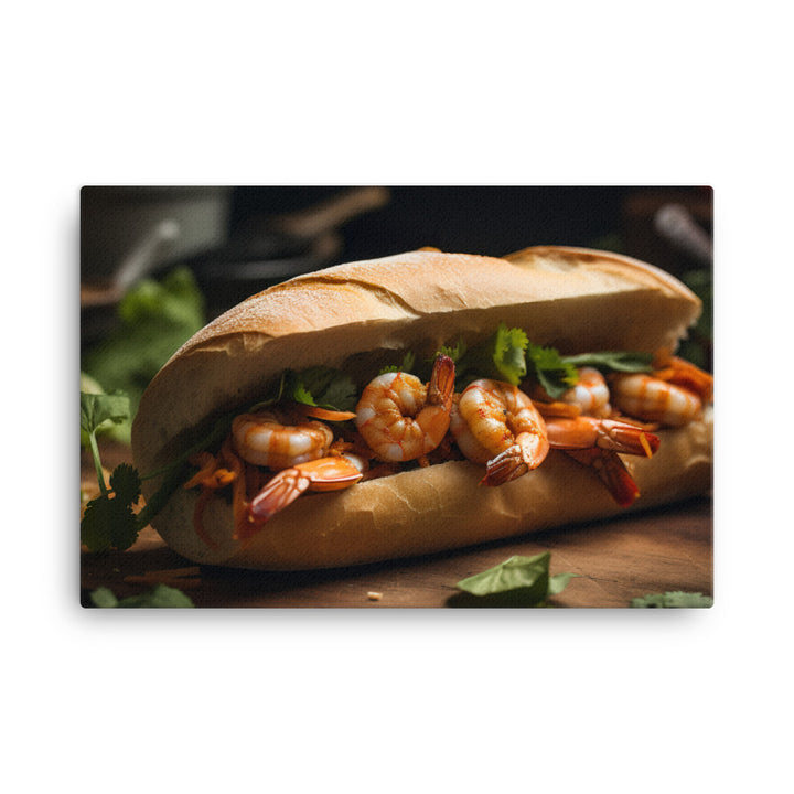 Spicy Banh Mi with Grilled Shrimp and Sriracha Mayo canvas - Posterfy.AI