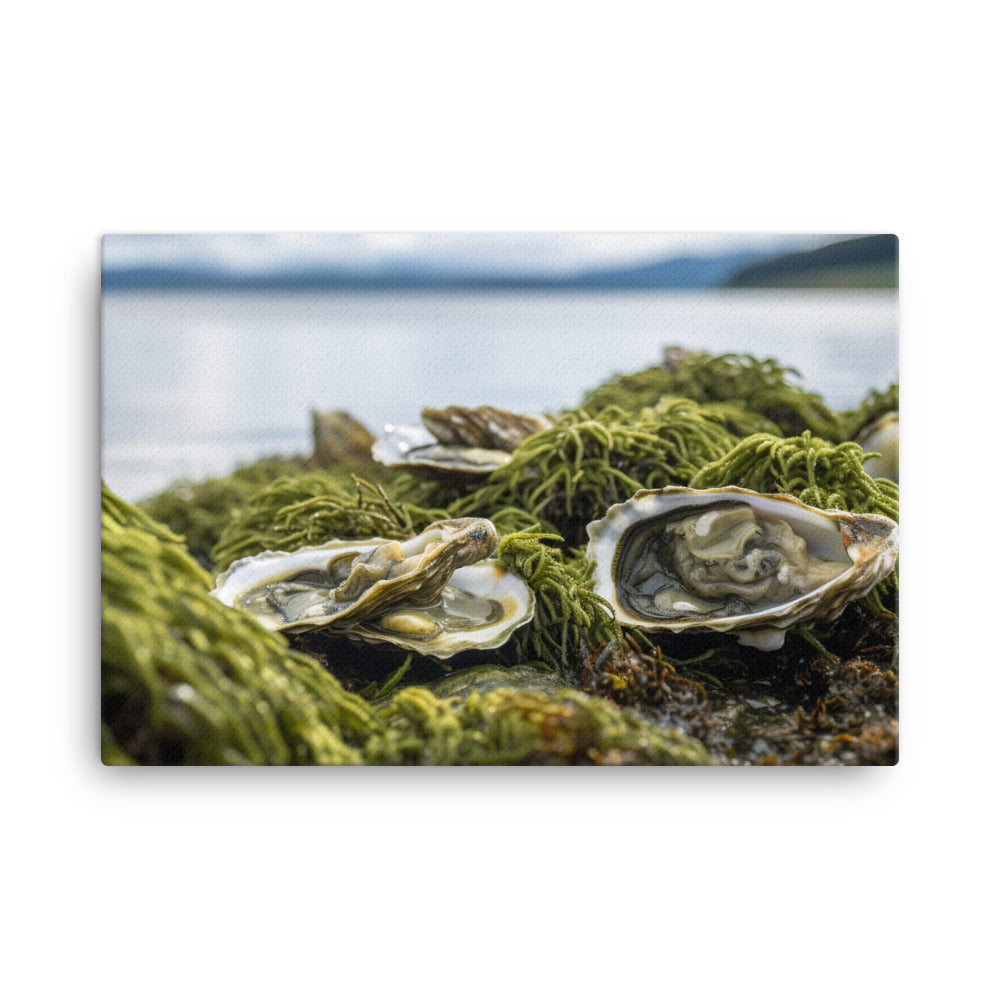 European Flat Oysters on a Bed of Seaweed canvas - Posterfy.AI