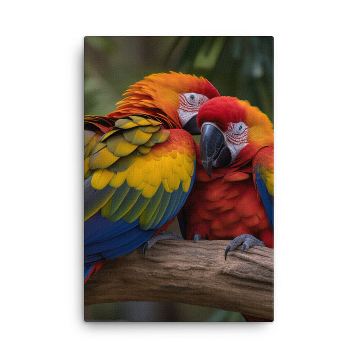 Two Macaws cuddling on a tree branch Canvas - PosterfyAI.com