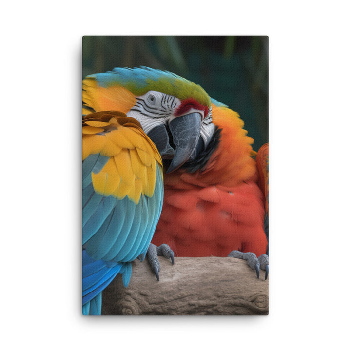 Two Macaws cuddling on a tree branch Canvas - PosterfyAI.com