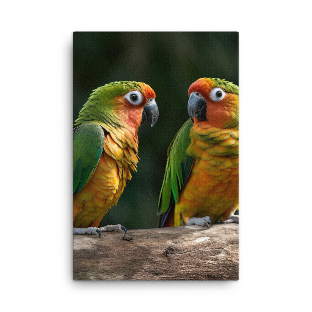 Two Conures perched side by side Canvas - PosterfyAI.com