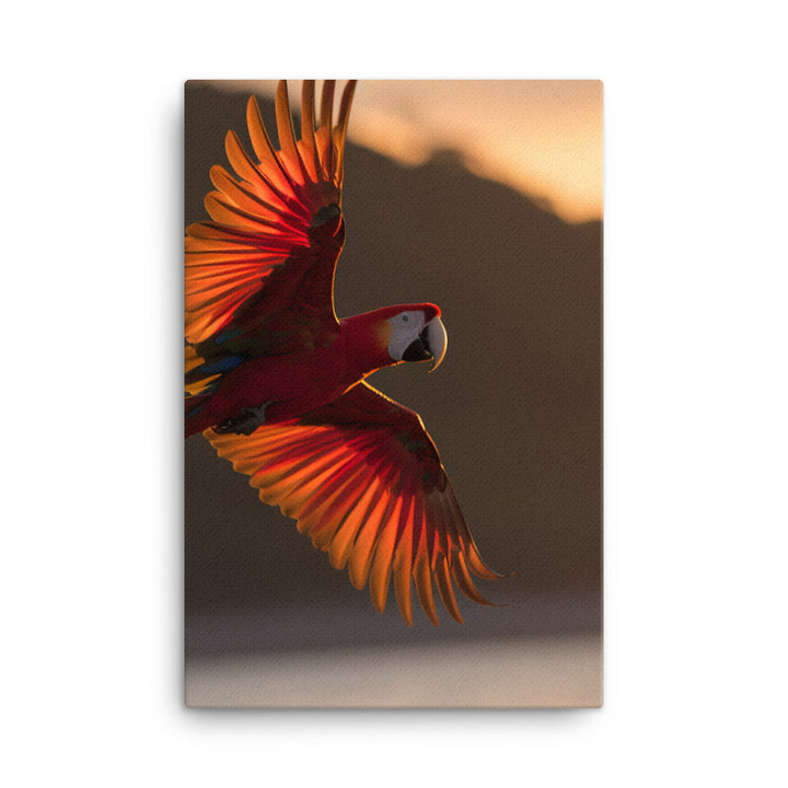 Scarlet Macaw flying over a beach at sunset Canvas - PosterfyAI.com