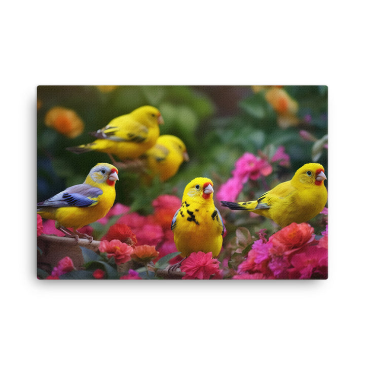Colorful canaries in a blooming garden Canvas - PosterfyAI.com