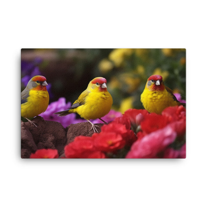 Colorful canaries in a blooming garden Canvas - PosterfyAI.com