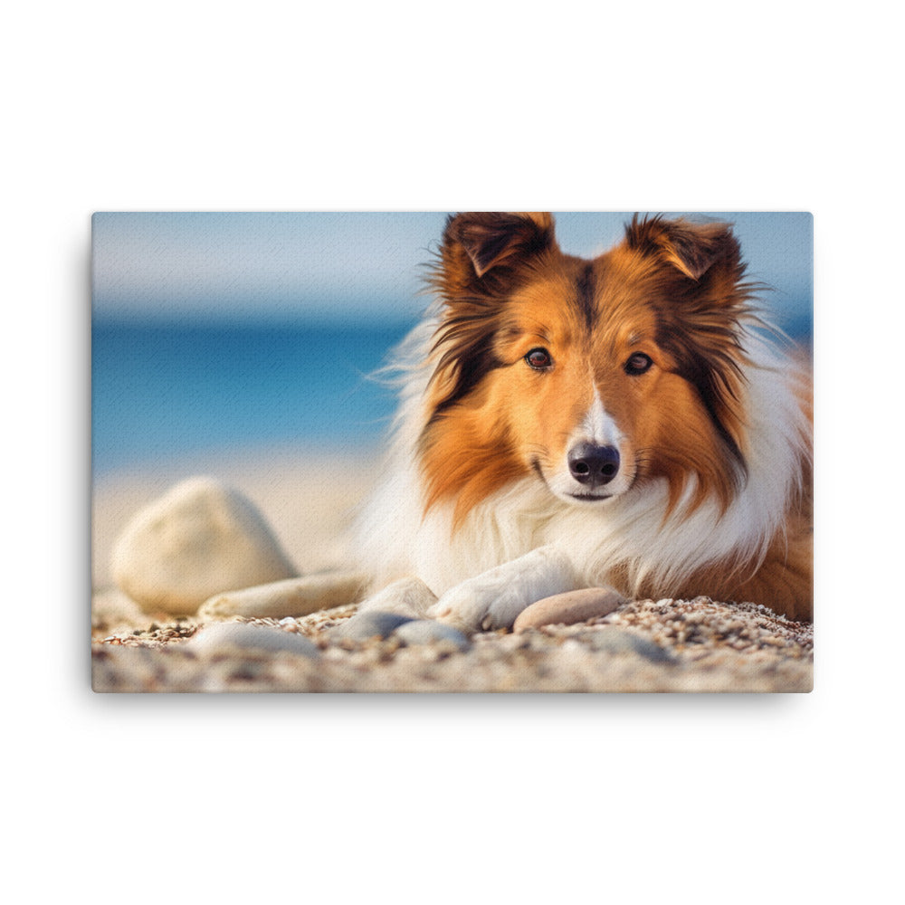 Shetland Sheepdog Relaxing on the Beach canvas - Posterfy.AI