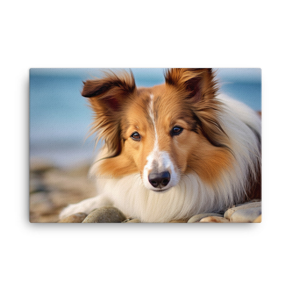 Shetland Sheepdog Relaxing on the Beach canvas - Posterfy.AI