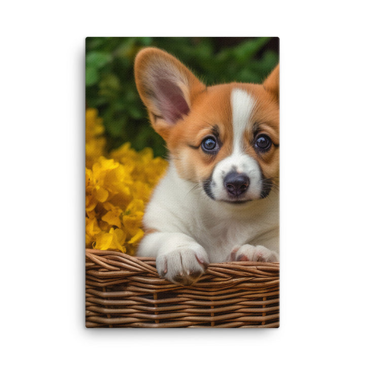 Welsh Corgi Puppy in a Basket Canvas - PosterfyAI.com