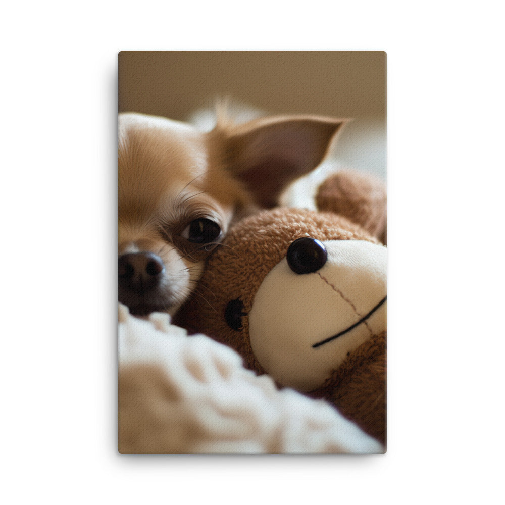 A Chihuahua snuggled up with a plush toy Canvas - PosterfyAI.com