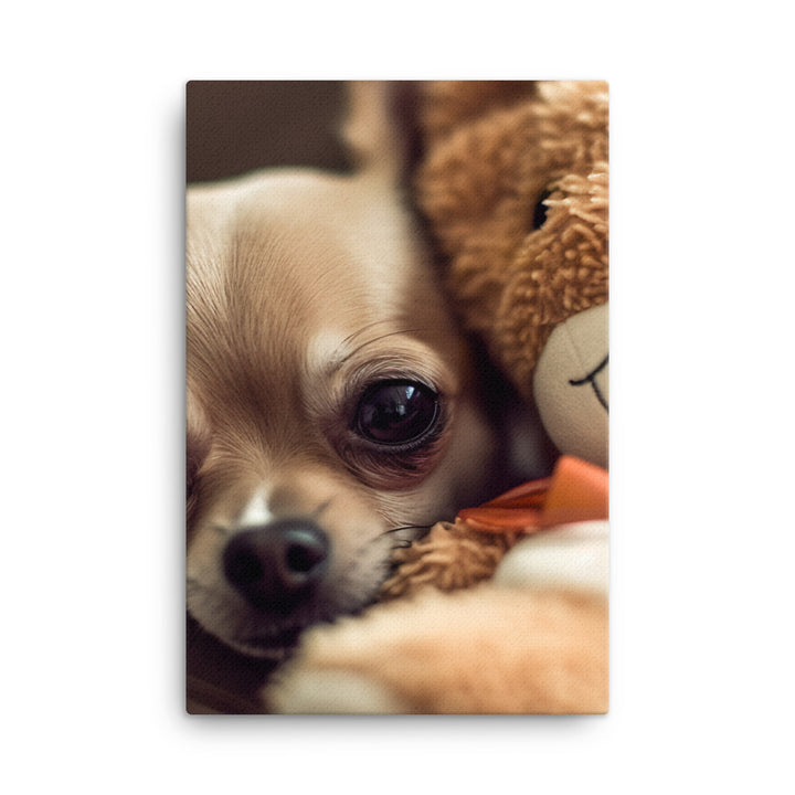 A Chihuahua snuggled up with a plush toy Canvas - PosterfyAI.com