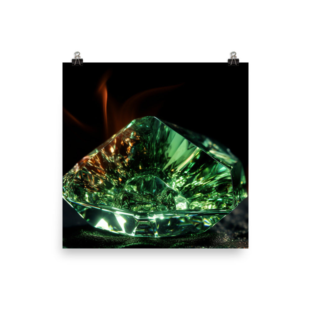 A green diamond with intense fire photo paper poster - Posterfy.AI