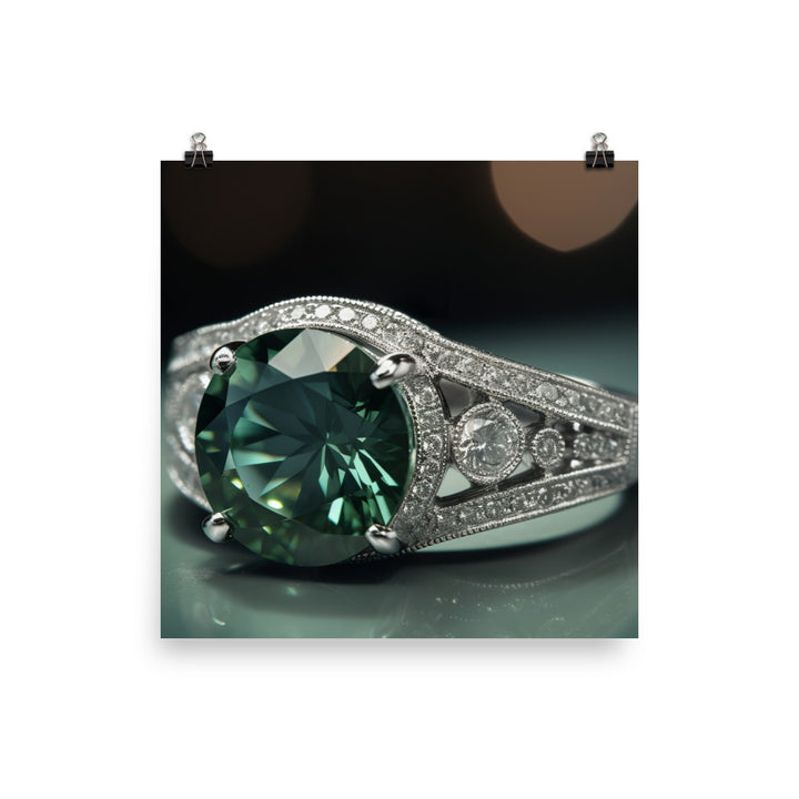 A green diamond mounted on a white gold band photo paper poster - Posterfy.AI