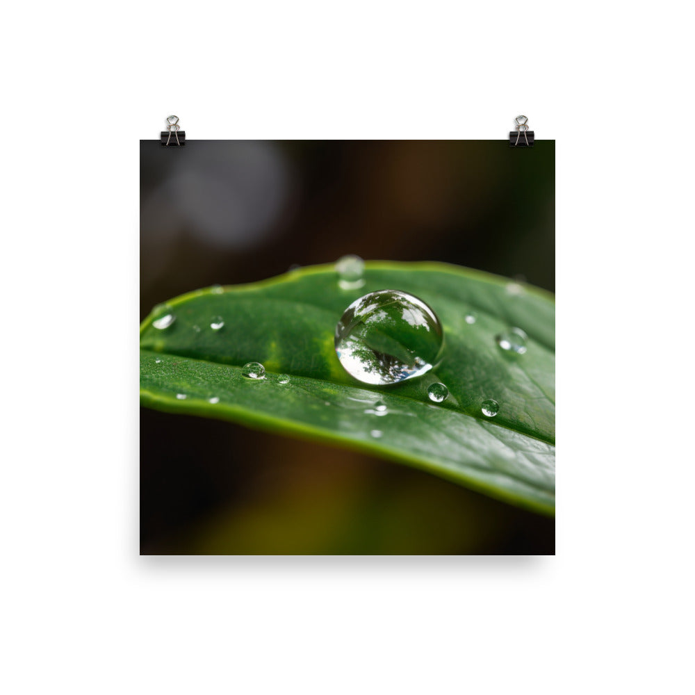 A close-up shot of a water droplet on a green leaf photo paper poster - Posterfy.AI