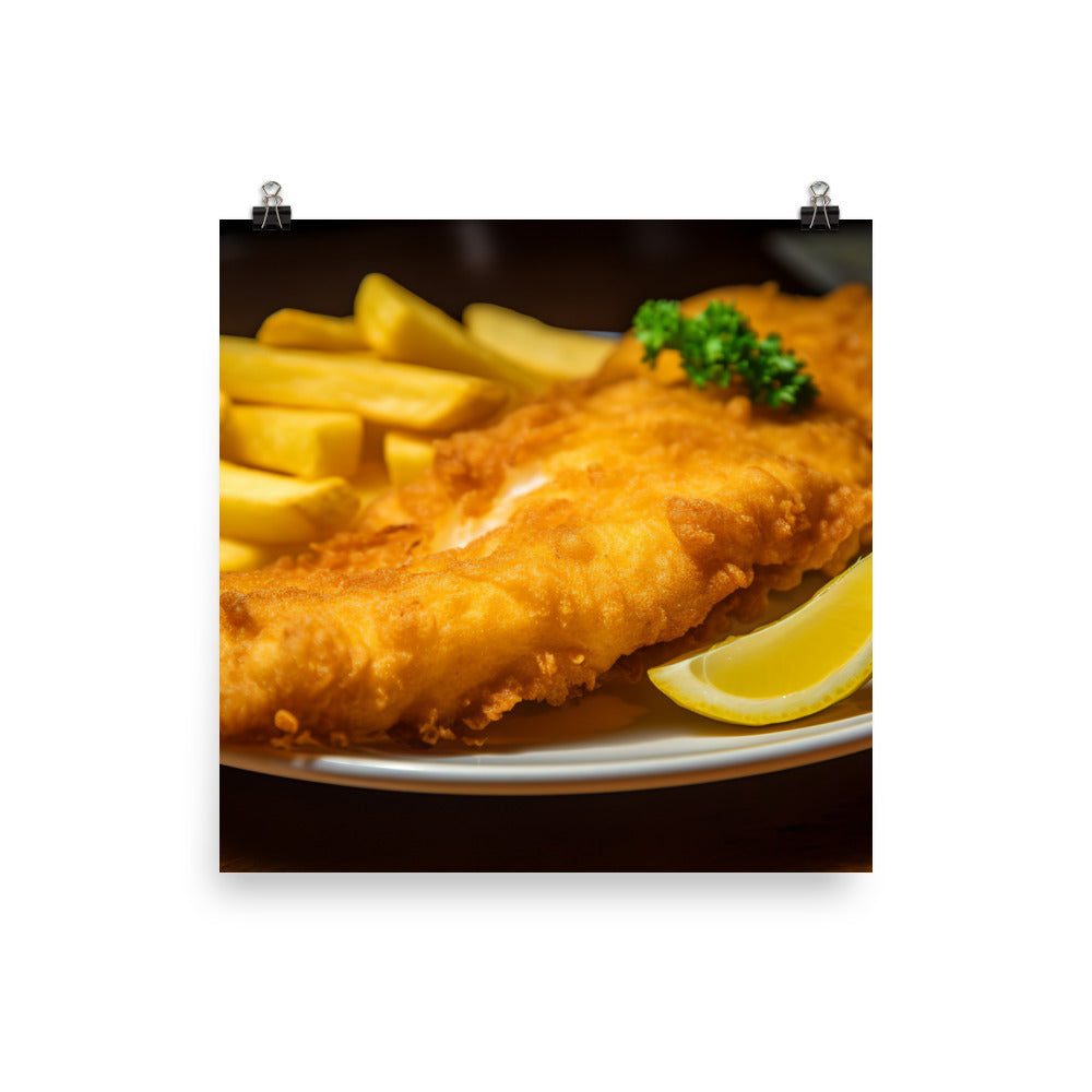 A plate of crispy fish and chips photo paper poster - Posterfy.AI
