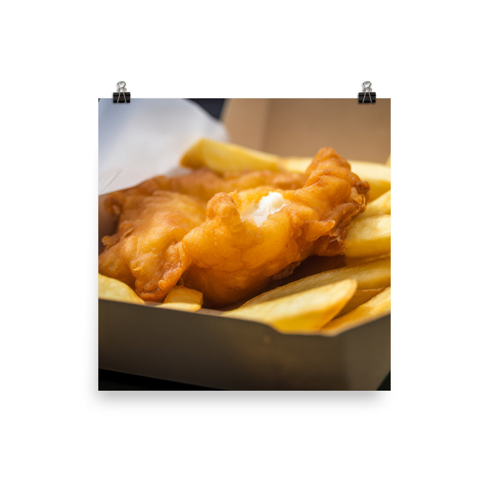 A piping hot serving of fish and chips photo paper poster - Posterfy.AI